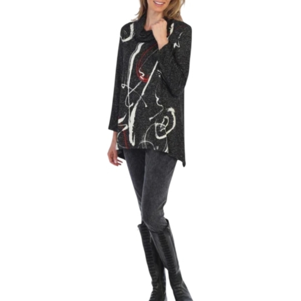 Jess & Jane Cowl Neck Tunic Top Abstract Brushstroke Womens Size M Lagenlook - Picture 2 of 10
